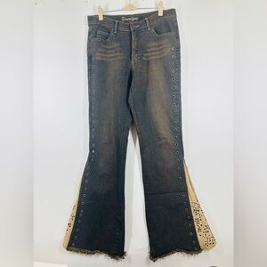 NWOT Younique Rivet Suede Y2K Flare Jeans Blue Brown 11 28
